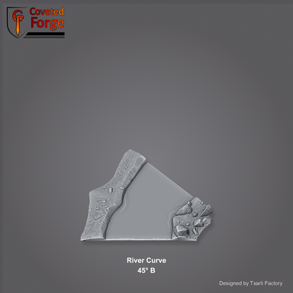 River Curve 45 degree B section of the Modular River System - a 45-degree river curve. Unpainted 3D-printed resin water terrain tile shown from a raised top-down view, 32/28/15/8mm tabletop wargaming scenery, designed by Txarli Factory.