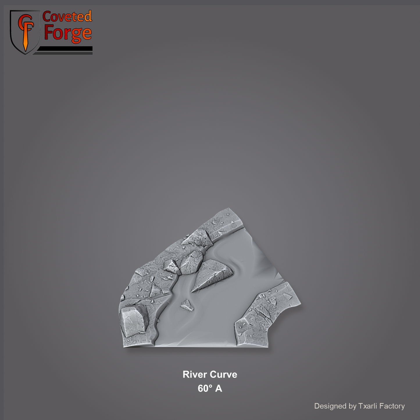 River Curve 60 degree A section of the Modular River System - a 60-degree river curve. Unpainted 3D-printed resin water terrain tile shown from a raised top-down view, 32/28/15/8mm tabletop wargaming scenery, designed by Txarli Factory.