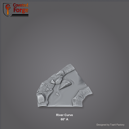River Curve 60 degree A section of the Modular River System - a 60-degree river curve. Unpainted 3D-printed resin water terrain tile shown from a raised top-down view, 32/28/15/8mm tabletop wargaming scenery, designed by Txarli Factory.
