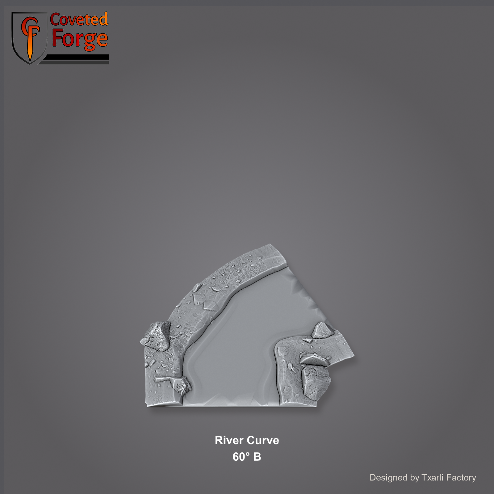 River Curve 60 degree B section of the Modular River System - a 60-degree river curve. Unpainted 3D-printed resin water terrain tile shown from a raised top-down view, 32/28/15/8mm tabletop wargaming scenery, designed by Txarli Factory.