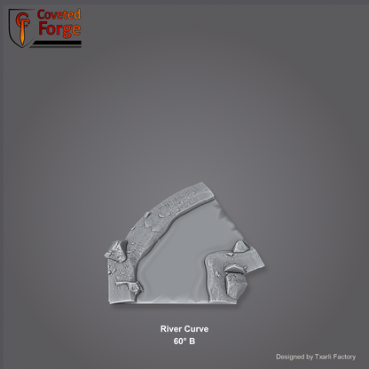 River Curve 60 degree B section of the Modular River System - a 60-degree river curve. Unpainted 3D-printed resin water terrain tile shown from a raised top-down view, 32/28/15/8mm tabletop wargaming scenery, designed by Txarli Factory.