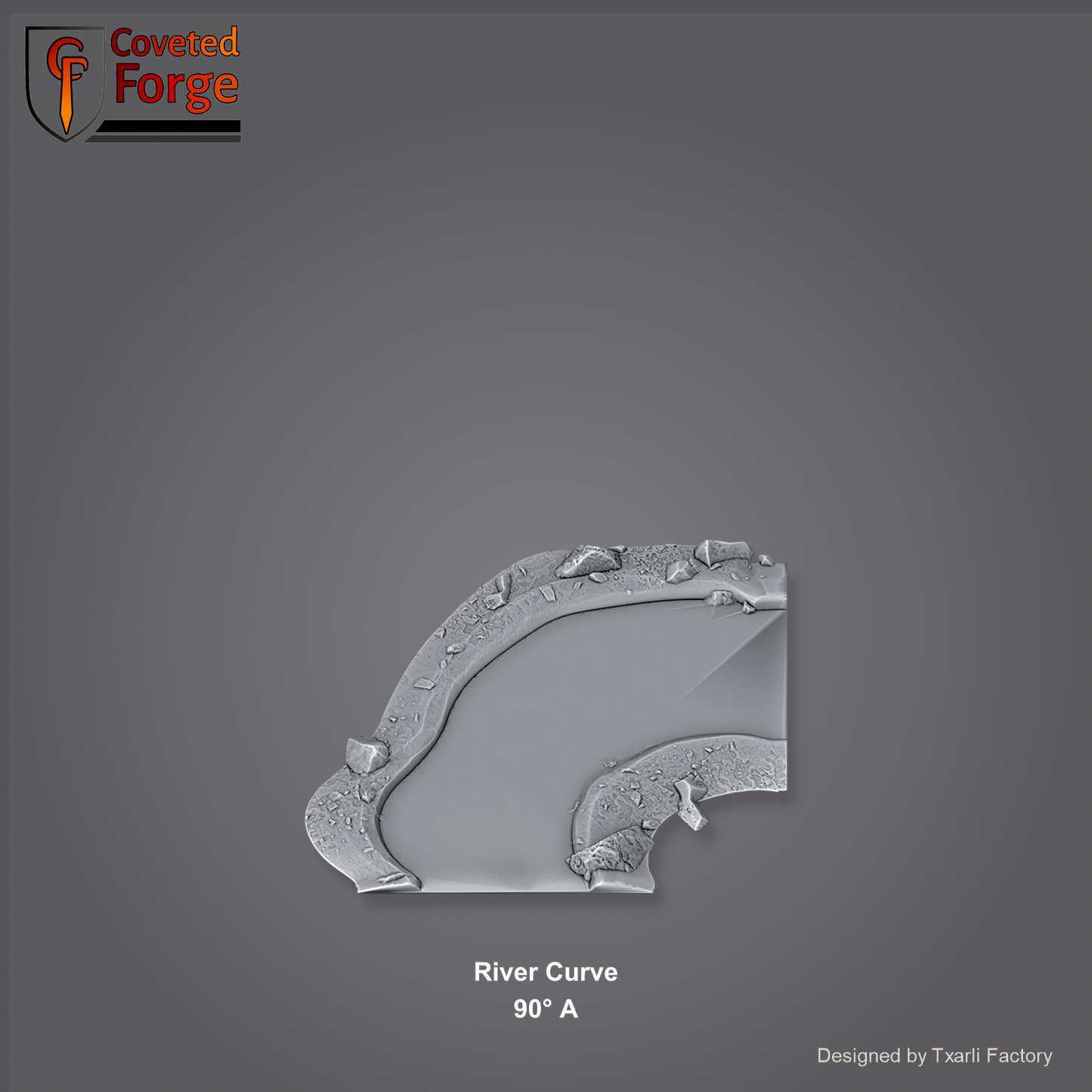 River Curve 90 degree A section of the Modular River System - a 90-degree right-angle river corner. Unpainted 3D-printed resin water terrain tile shown from a raised top-down view, 32/28/15/8mm tabletop wargaming scenery, designed by Txarli Factory.
