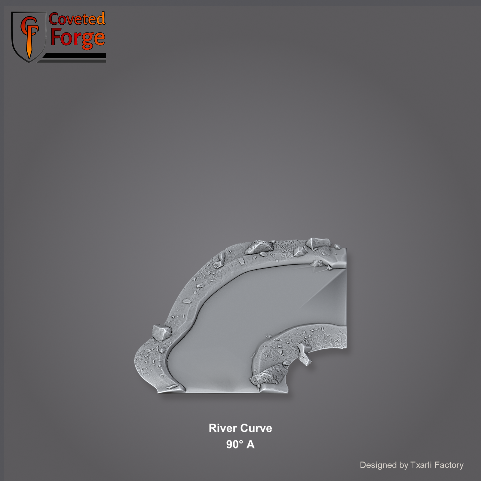 River Curve 90 degree A section of the Modular River System - a 90-degree right-angle river corner. Unpainted 3D-printed resin water terrain tile shown from a raised top-down view, 32/28/15/8mm tabletop wargaming scenery, designed by Txarli Factory.