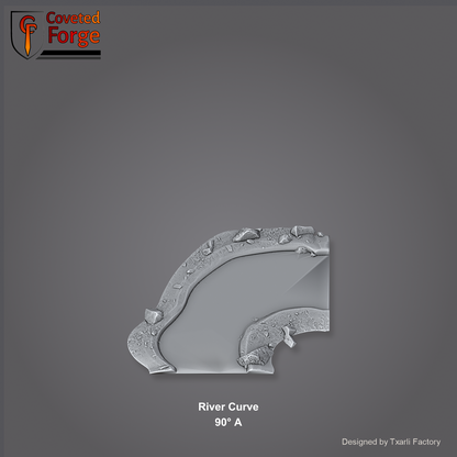 River Curve 90 degree A section of the Modular River System - a 90-degree right-angle river corner. Unpainted 3D-printed resin water terrain tile shown from a raised top-down view, 32/28/15/8mm tabletop wargaming scenery, designed by Txarli Factory.