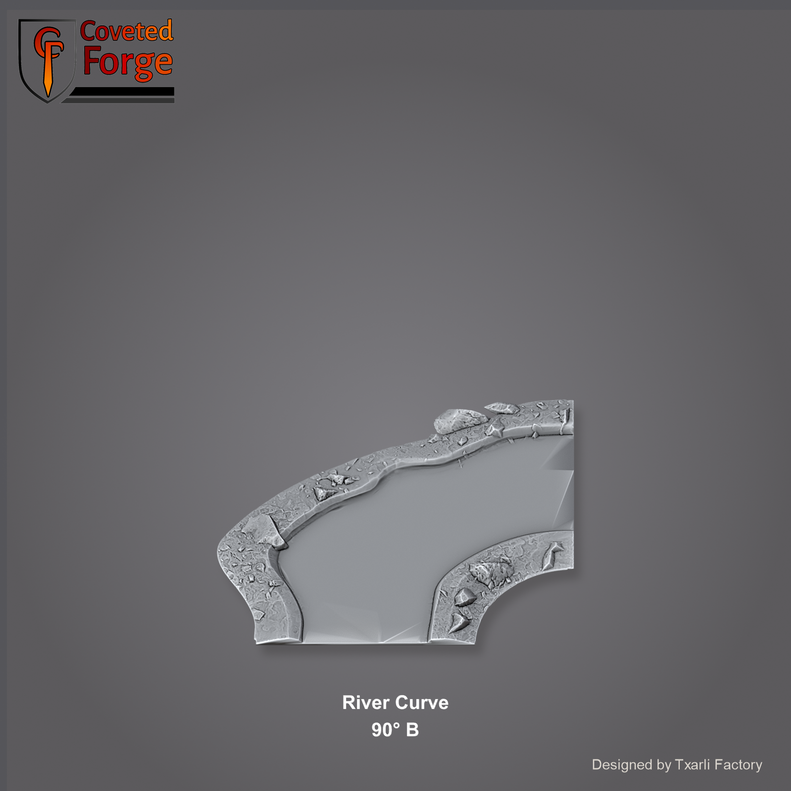 River Curve 90 degree B section of the Modular River System - a 90-degree right-angle river corner. Unpainted 3D-printed resin water terrain tile shown from a raised top-down view, 32/28/15/8mm tabletop wargaming scenery, designed by Txarli Factory.