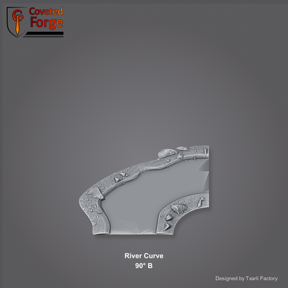 River Curve 90 degree B section of the Modular River System - a 90-degree right-angle river corner. Unpainted 3D-printed resin water terrain tile shown from a raised top-down view, 32/28/15/8mm tabletop wargaming scenery, designed by Txarli Factory.