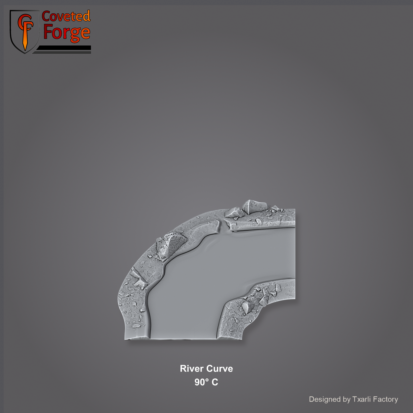 River Curve 90 degree C section of the Modular River System - a 90-degree right-angle river corner. Unpainted 3D-printed resin water terrain tile shown from a raised top-down view, 32/28/15/8mm tabletop wargaming scenery, designed by Txarli Factory.
