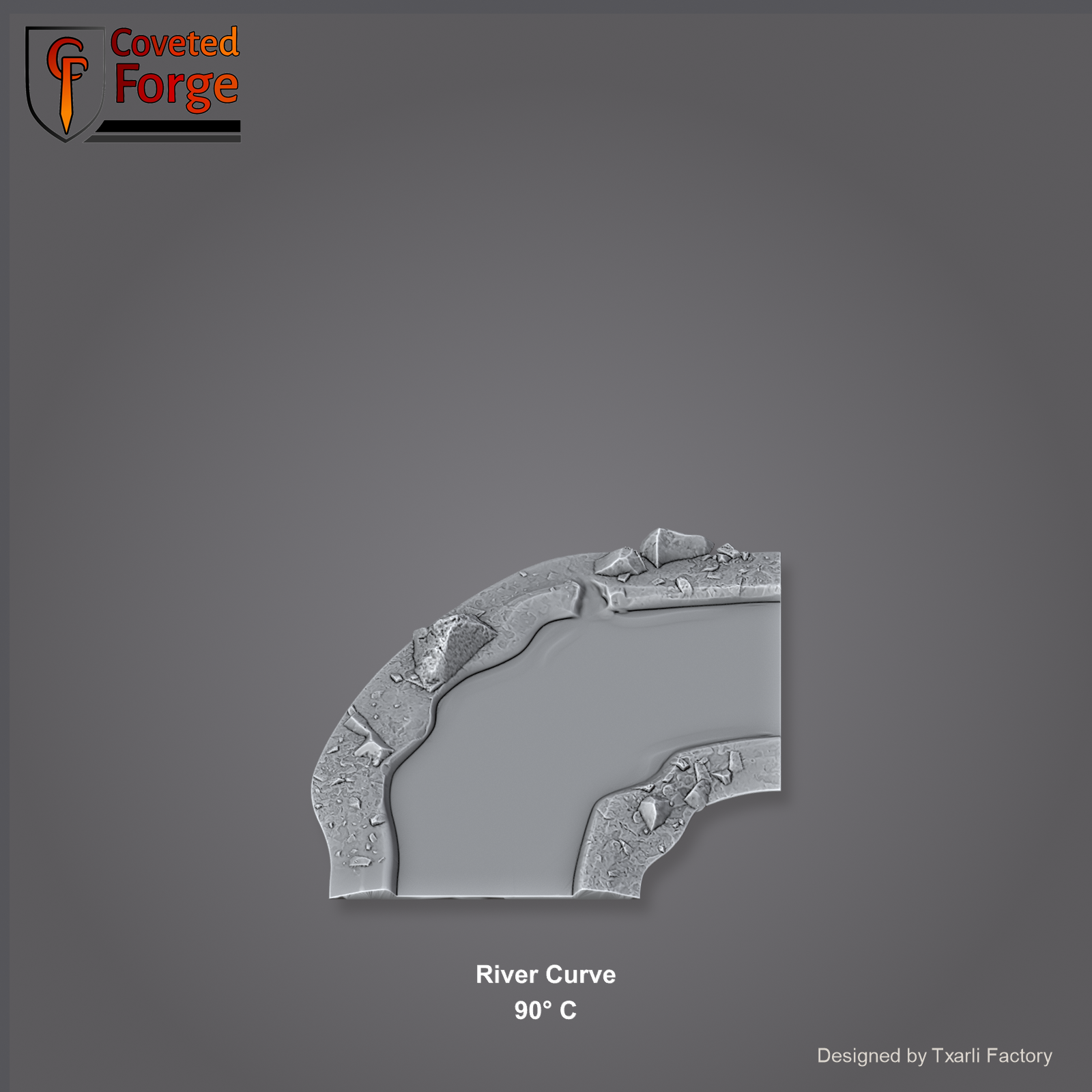 River Curve 90 degree C section of the Modular River System - a 90-degree right-angle river corner. Unpainted 3D-printed resin water terrain tile shown from a raised top-down view, 32/28/15/8mm tabletop wargaming scenery, designed by Txarli Factory.