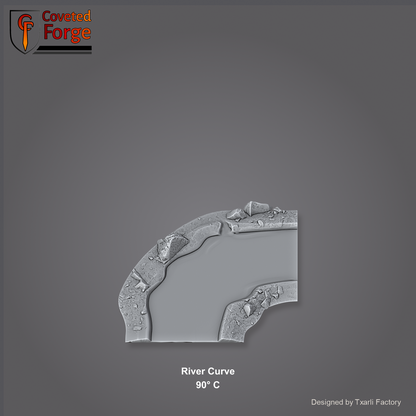 River Curve 90 degree C section of the Modular River System - a 90-degree right-angle river corner. Unpainted 3D-printed resin water terrain tile shown from a raised top-down view, 32/28/15/8mm tabletop wargaming scenery, designed by Txarli Factory.