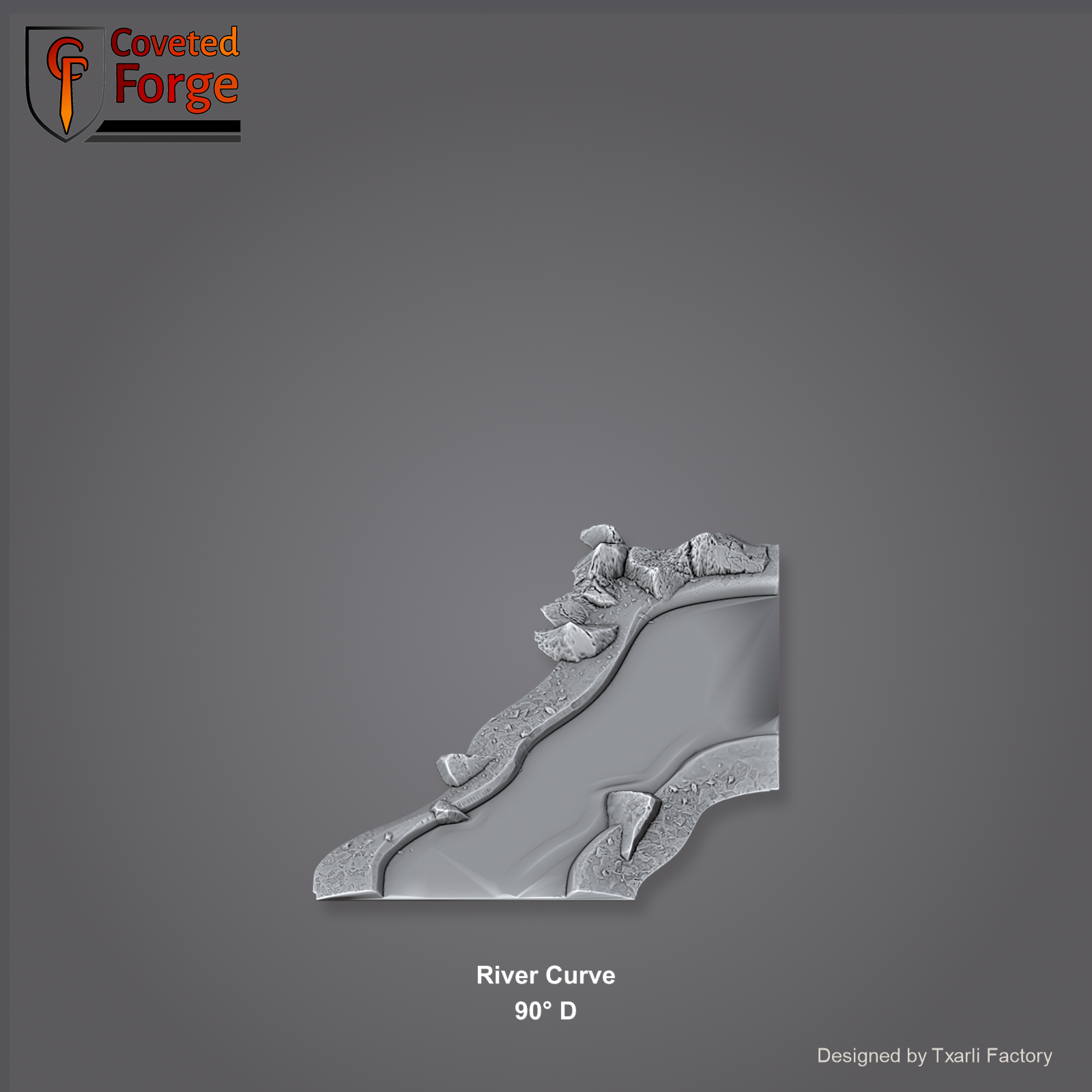 River Curve 90 degree D section of the Modular River System - a 90-degree right-angle river corner. Unpainted 3D-printed resin water terrain tile shown from a raised top-down view, 32/28/15/8mm tabletop wargaming scenery, designed by Txarli Factory.