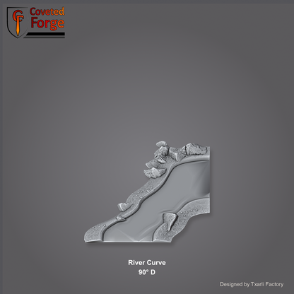 River Curve 90 degree D section of the Modular River System - a 90-degree right-angle river corner. Unpainted 3D-printed resin water terrain tile shown from a raised top-down view, 32/28/15/8mm tabletop wargaming scenery, designed by Txarli Factory.