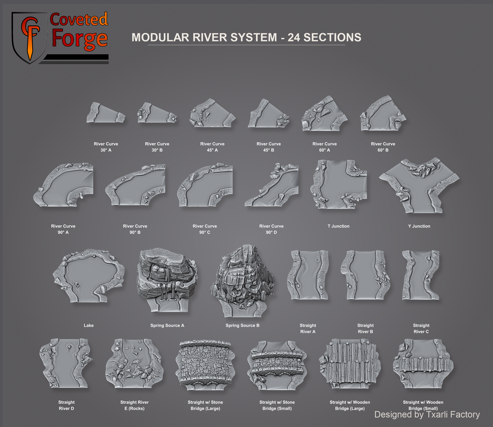 Modular River System parts sheet: all 24 river terrain sections labeled in a grid - straights, curves (30/45/60/90 degrees), T and Y junctions, lake, rocky spring sources, and wooden and stone bridge crossings. Unpainted 3D-printed resin water terrain, 32/28/15/8mm tabletop wargaming scenery, designed by Txarli Factory.