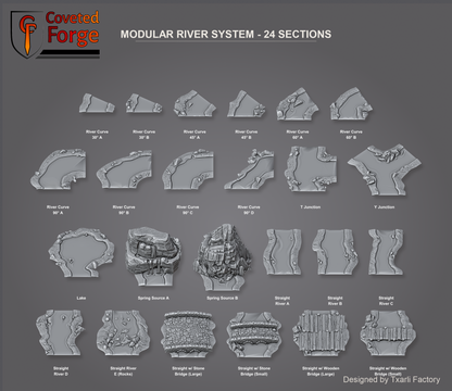 Modular River System parts sheet: all 24 river terrain sections labeled in a grid - straights, curves (30/45/60/90 degrees), T and Y junctions, lake, rocky spring sources, and wooden and stone bridge crossings. Unpainted 3D-printed resin water terrain, 32/28/15/8mm tabletop wargaming scenery, designed by Txarli Factory.