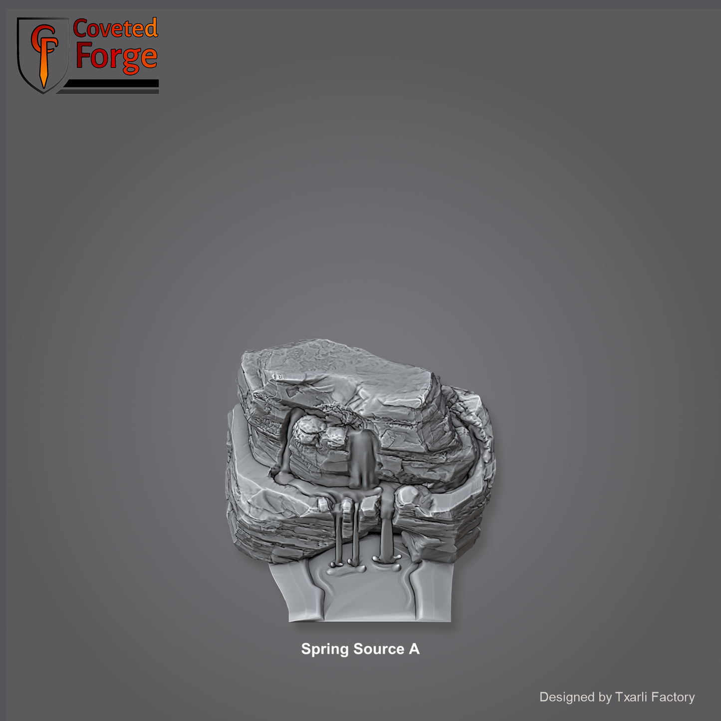 Spring Source A section of the Modular River System - a rocky spring source outcrop where the river begins. Unpainted 3D-printed resin water terrain tile shown from a raised top-down view, 32/28/15/8mm tabletop wargaming scenery, designed by Txarli Factory.