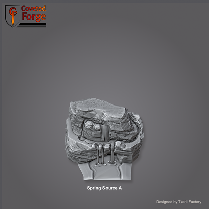 Spring Source A section of the Modular River System - a rocky spring source outcrop where the river begins. Unpainted 3D-printed resin water terrain tile shown from a raised top-down view, 32/28/15/8mm tabletop wargaming scenery, designed by Txarli Factory.