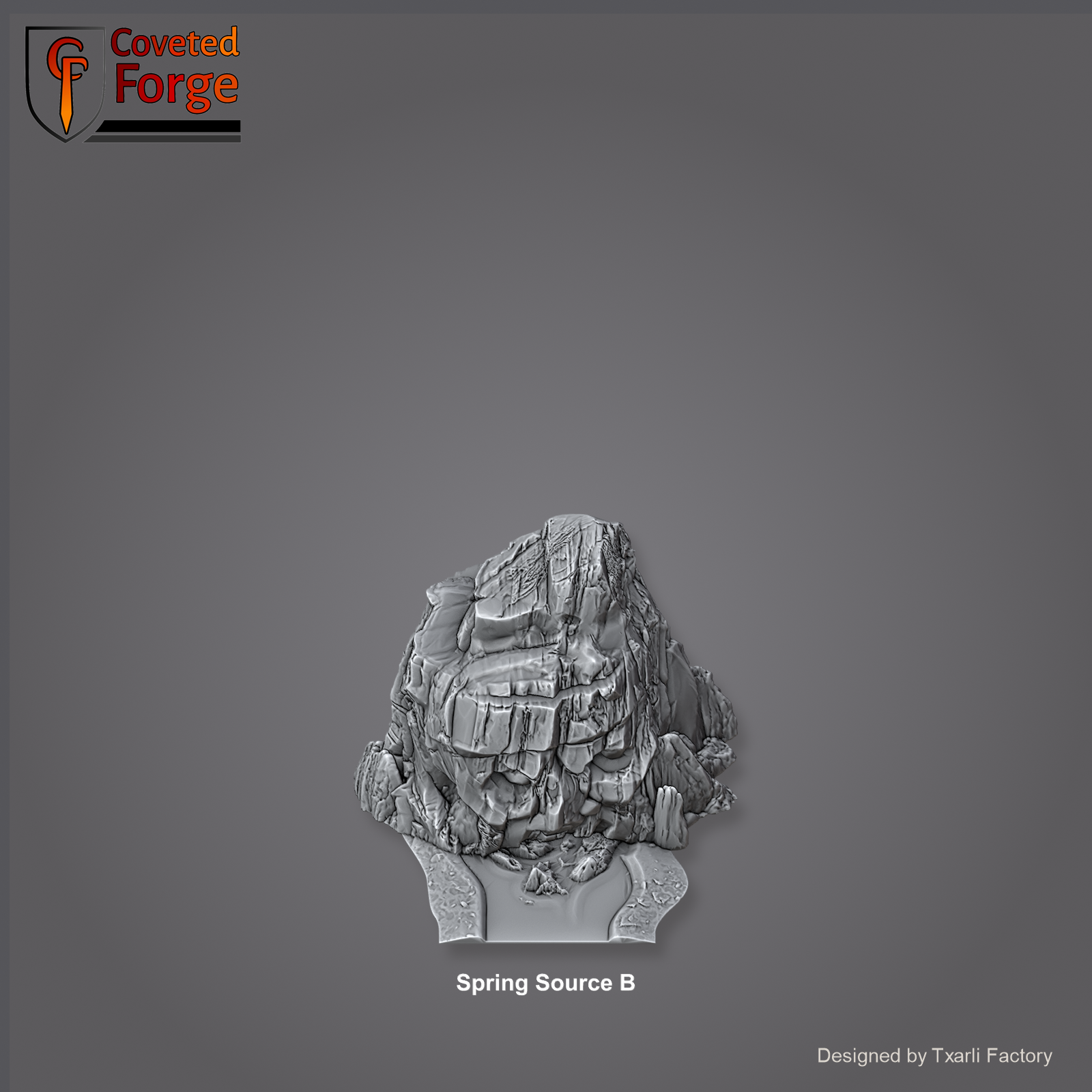 Spring Source B section of the Modular River System - a rocky spring source outcrop where the river begins. Unpainted 3D-printed resin water terrain tile shown from a raised top-down view, 32/28/15/8mm tabletop wargaming scenery, designed by Txarli Factory.