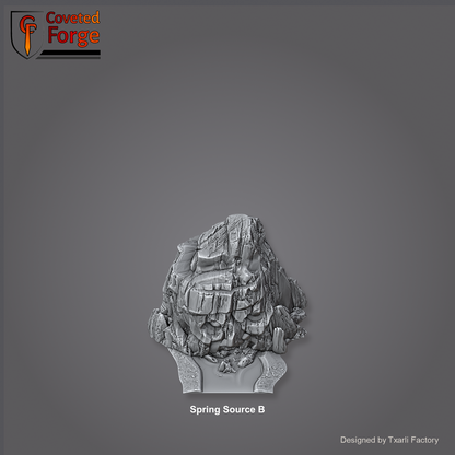 Spring Source B section of the Modular River System - a rocky spring source outcrop where the river begins. Unpainted 3D-printed resin water terrain tile shown from a raised top-down view, 32/28/15/8mm tabletop wargaming scenery, designed by Txarli Factory.