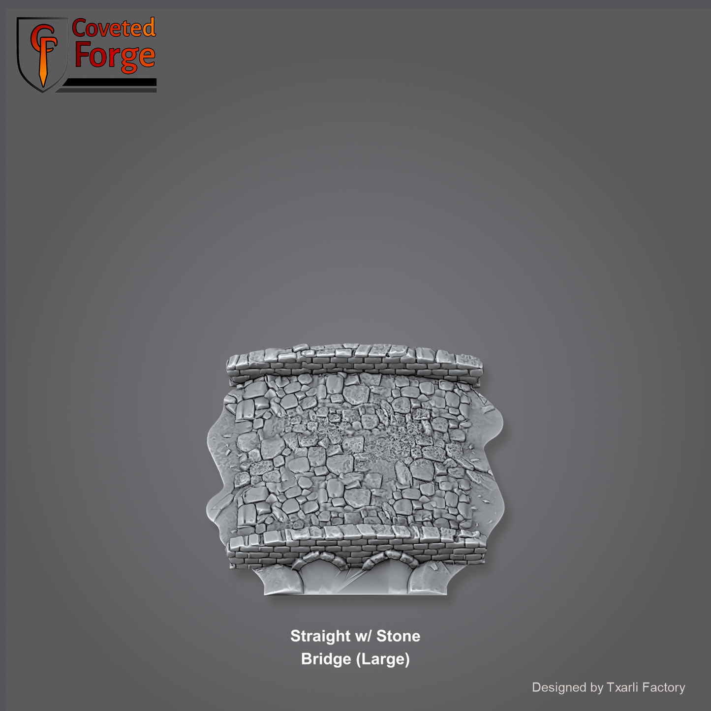 Straight River with Stone Bridge (Large) section of the Modular River System - a straight river with a large arched stone bridge crossing. Unpainted 3D-printed resin water terrain tile shown from a raised top-down view, 32/28/15/8mm tabletop wargaming scenery, designed by Txarli Factory.