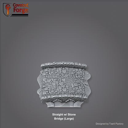 Straight River with Stone Bridge (Large) section of the Modular River System - a straight river with a large arched stone bridge crossing. Unpainted 3D-printed resin water terrain tile shown from a raised top-down view, 32/28/15/8mm tabletop wargaming scenery, designed by Txarli Factory.