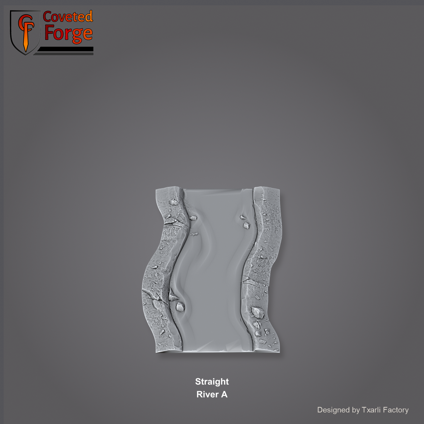 Straight River A section of the Modular River System - a straight river channel section. Unpainted 3D-printed resin water terrain tile shown from a raised top-down view, 32/28/15/8mm tabletop wargaming scenery, designed by Txarli Factory.