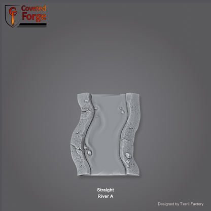 Straight River A section of the Modular River System - a straight river channel section. Unpainted 3D-printed resin water terrain tile shown from a raised top-down view, 32/28/15/8mm tabletop wargaming scenery, designed by Txarli Factory.
