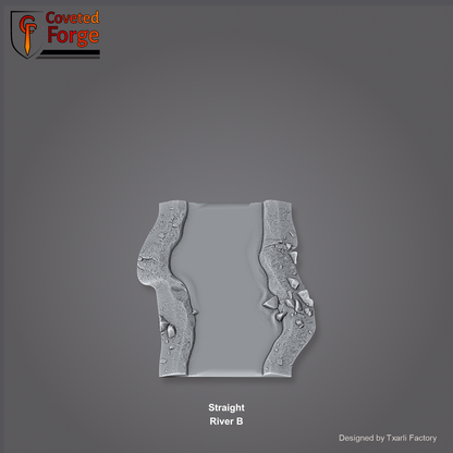 Straight River B section of the Modular River System - a straight river channel section. Unpainted 3D-printed resin water terrain tile shown from a raised top-down view, 32/28/15/8mm tabletop wargaming scenery, designed by Txarli Factory.
