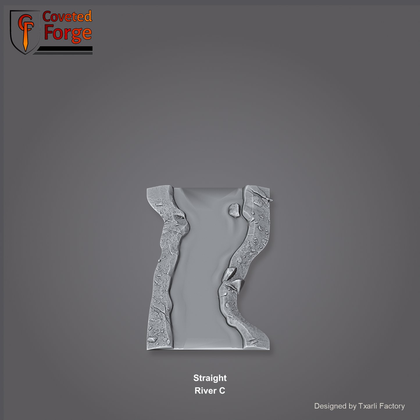 Straight River C section of the Modular River System - a straight river channel section. Unpainted 3D-printed resin water terrain tile shown from a raised top-down view, 32/28/15/8mm tabletop wargaming scenery, designed by Txarli Factory.