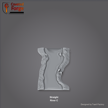 Straight River C section of the Modular River System - a straight river channel section. Unpainted 3D-printed resin water terrain tile shown from a raised top-down view, 32/28/15/8mm tabletop wargaming scenery, designed by Txarli Factory.
