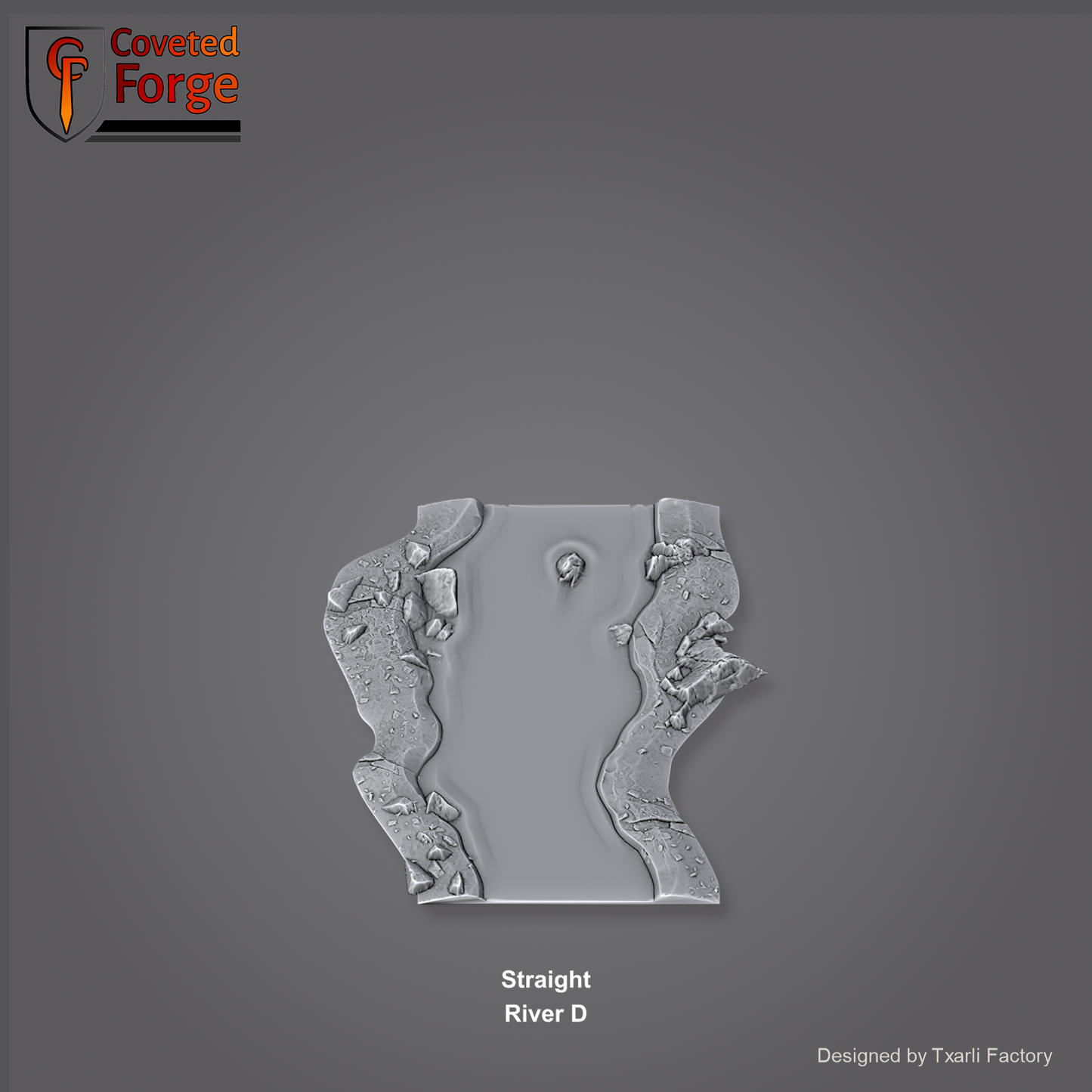 Straight River D section of the Modular River System - a straight river channel section. Unpainted 3D-printed resin water terrain tile shown from a raised top-down view, 32/28/15/8mm tabletop wargaming scenery, designed by Txarli Factory.