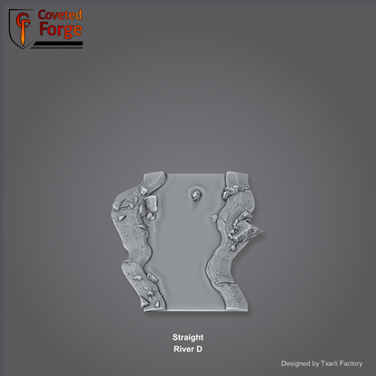 Straight River D section of the Modular River System - a straight river channel section. Unpainted 3D-printed resin water terrain tile shown from a raised top-down view, 32/28/15/8mm tabletop wargaming scenery, designed by Txarli Factory.