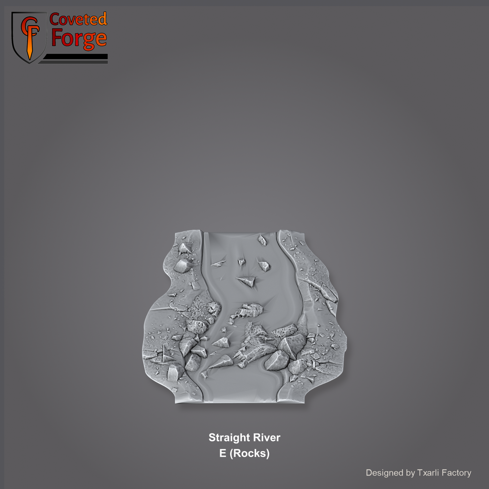 Straight River E (Rocks) section of the Modular River System - a straight river channel section with rocky banks. Unpainted 3D-printed resin water terrain tile shown from a raised top-down view, 32/28/15/8mm tabletop wargaming scenery, designed by Txarli Factory.