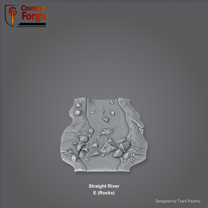 Straight River E (Rocks) section of the Modular River System - a straight river channel section with rocky banks. Unpainted 3D-printed resin water terrain tile shown from a raised top-down view, 32/28/15/8mm tabletop wargaming scenery, designed by Txarli Factory.
