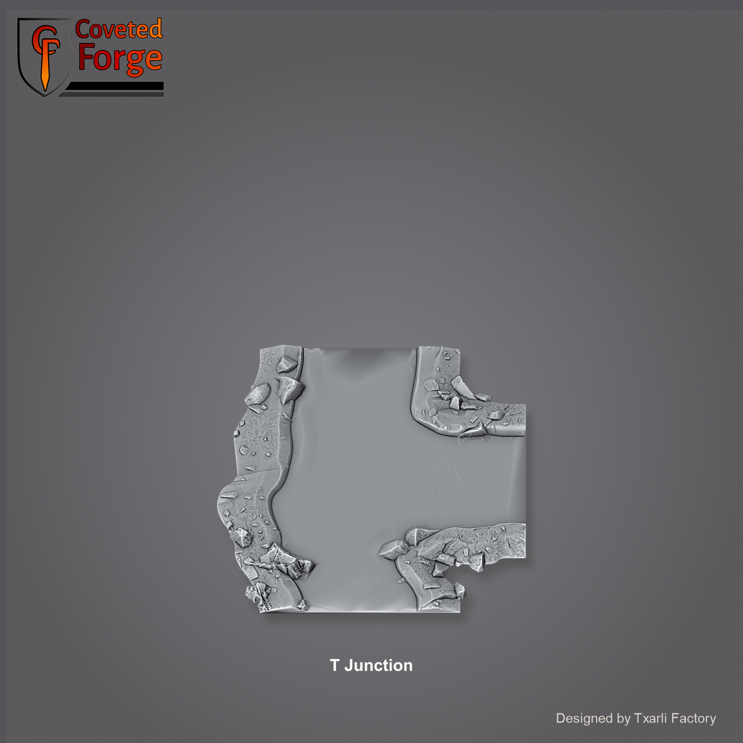 T Junction section of the Modular River System - a T-shaped three-way river junction. Unpainted 3D-printed resin water terrain tile shown from a raised top-down view, 32/28/15/8mm tabletop wargaming scenery, designed by Txarli Factory.