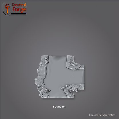 T Junction section of the Modular River System - a T-shaped three-way river junction. Unpainted 3D-printed resin water terrain tile shown from a raised top-down view, 32/28/15/8mm tabletop wargaming scenery, designed by Txarli Factory.