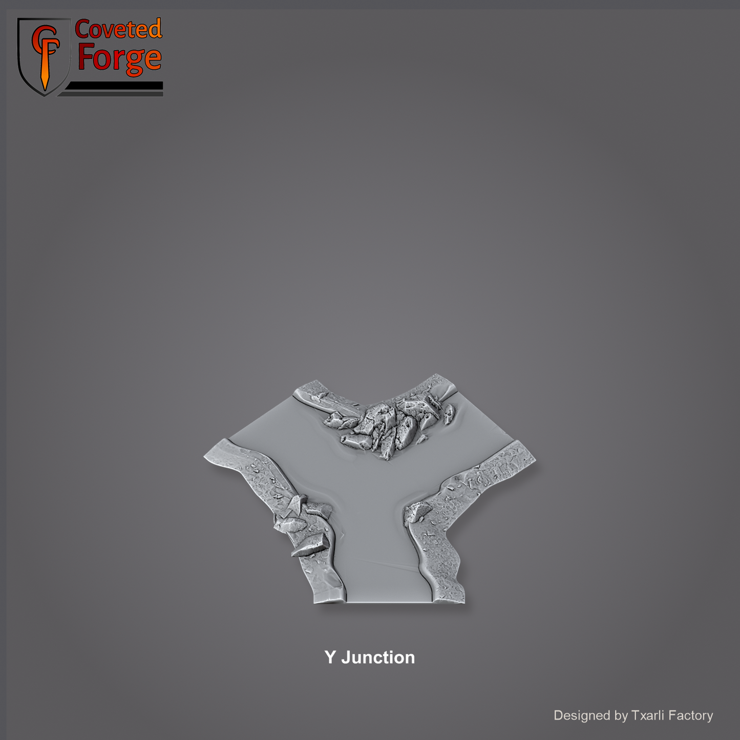 Y Junction section of the Modular River System - a Y-shaped three-way river junction. Unpainted 3D-printed resin water terrain tile shown from a raised top-down view, 32/28/15/8mm tabletop wargaming scenery, designed by Txarli Factory.