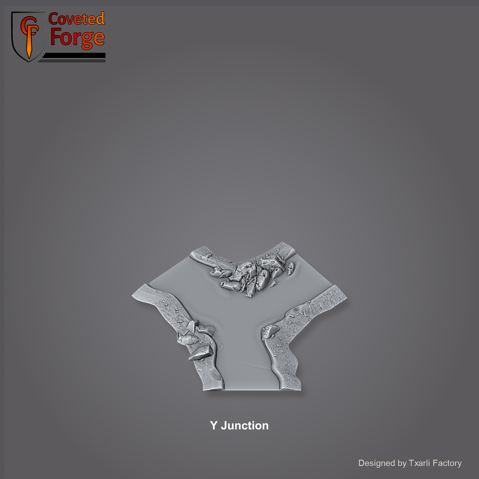 Y Junction section of the Modular River System - a Y-shaped three-way river junction. Unpainted 3D-printed resin water terrain tile shown from a raised top-down view, 32/28/15/8mm tabletop wargaming scenery, designed by Txarli Factory.