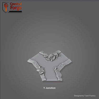 Y Junction section of the Modular River System - a Y-shaped three-way river junction. Unpainted 3D-printed resin water terrain tile shown from a raised top-down view, 32/28/15/8mm tabletop wargaming scenery, designed by Txarli Factory.