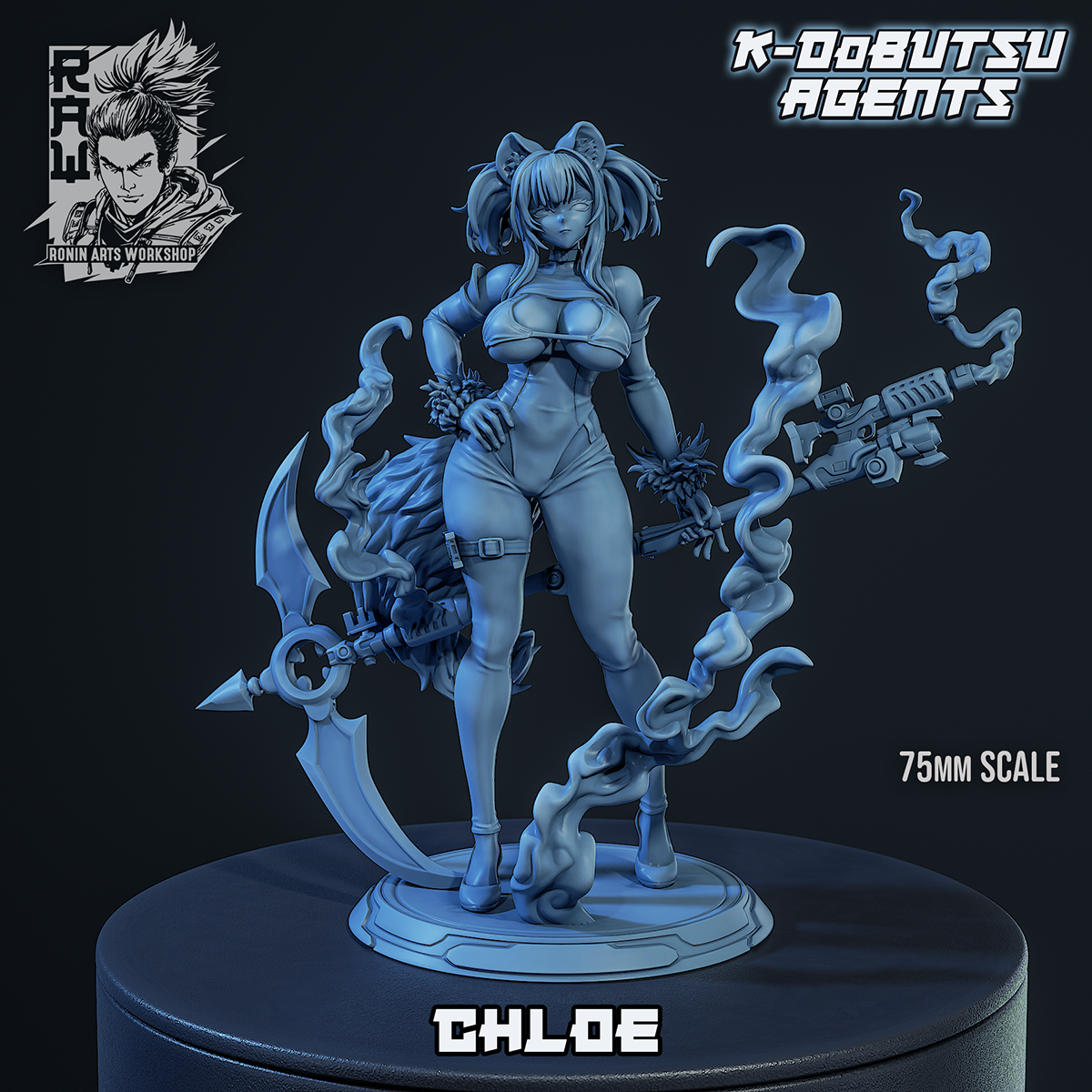 Chloe, K-Dobutsu kemono agent with a scythe and smoke effects