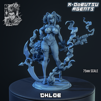 Chloe, K-Dobutsu kemono agent with a scythe and smoke effects