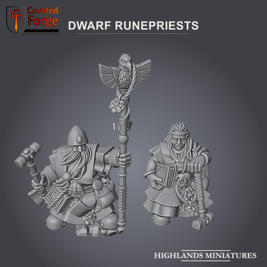 Dwarf Runepriests, male and female rune priest miniatures