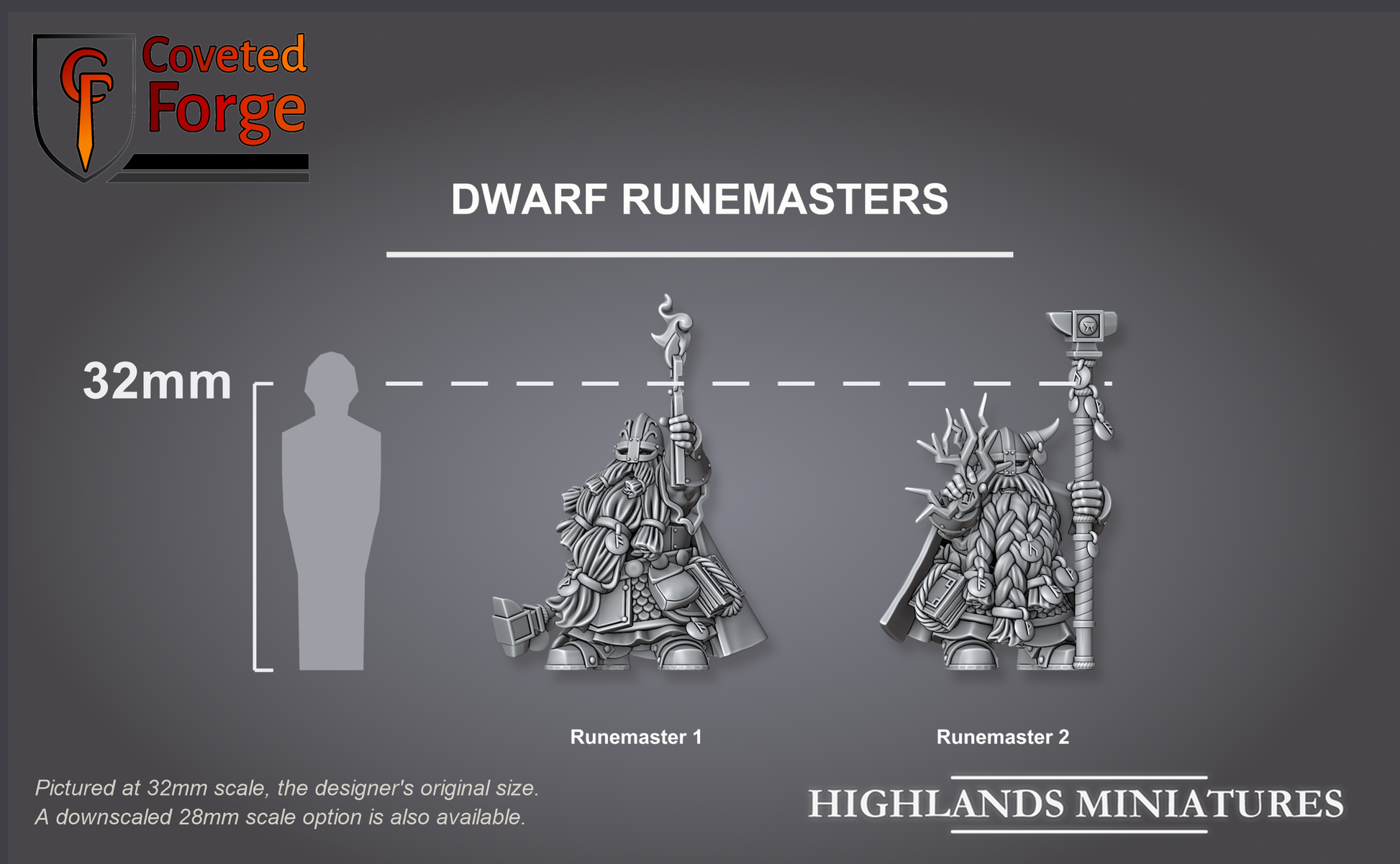 Dwarf Runemasters size compared to a 32mm human, shown for scale