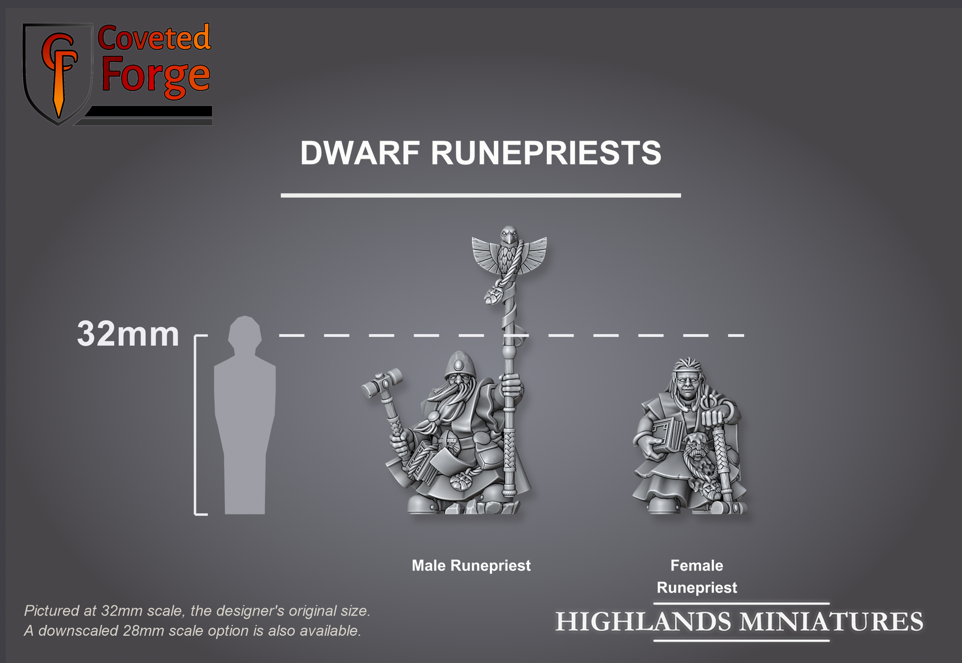 Dwarf Runepriests, male and female, size compared to a 32mm human