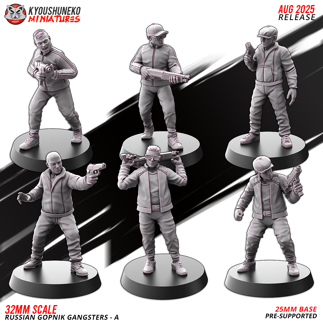 Russian Gopnik Gangsters set A, six modern street gang sculpts with pistols, SMG and shotguns, 32mm resin miniatures by Kyoushuneko Miniatures.