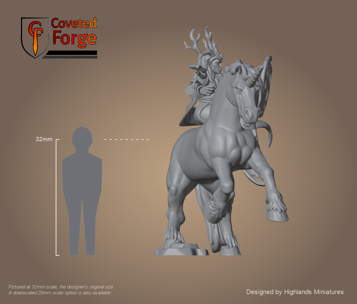 Feral Elf Druid on Unicorn, full mounted model at 32mm scale beside a 32mm human reference, resin miniature by Highlands Miniatures