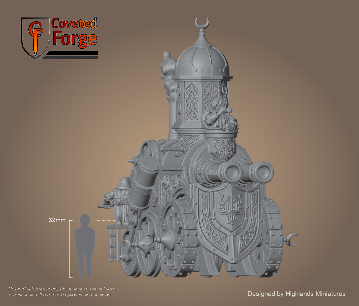 Marduk Iron Engine fully assembled steam tank at 32mm scale beside a 32mm human reference, resin war machine by Highlands Miniatures