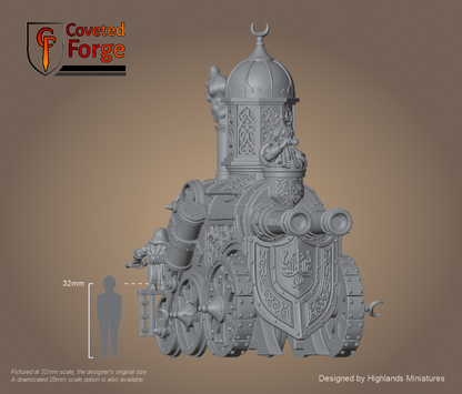 Marduk Iron Engine fully assembled steam tank at 32mm scale beside a 32mm human reference, resin war machine by Highlands Miniatures