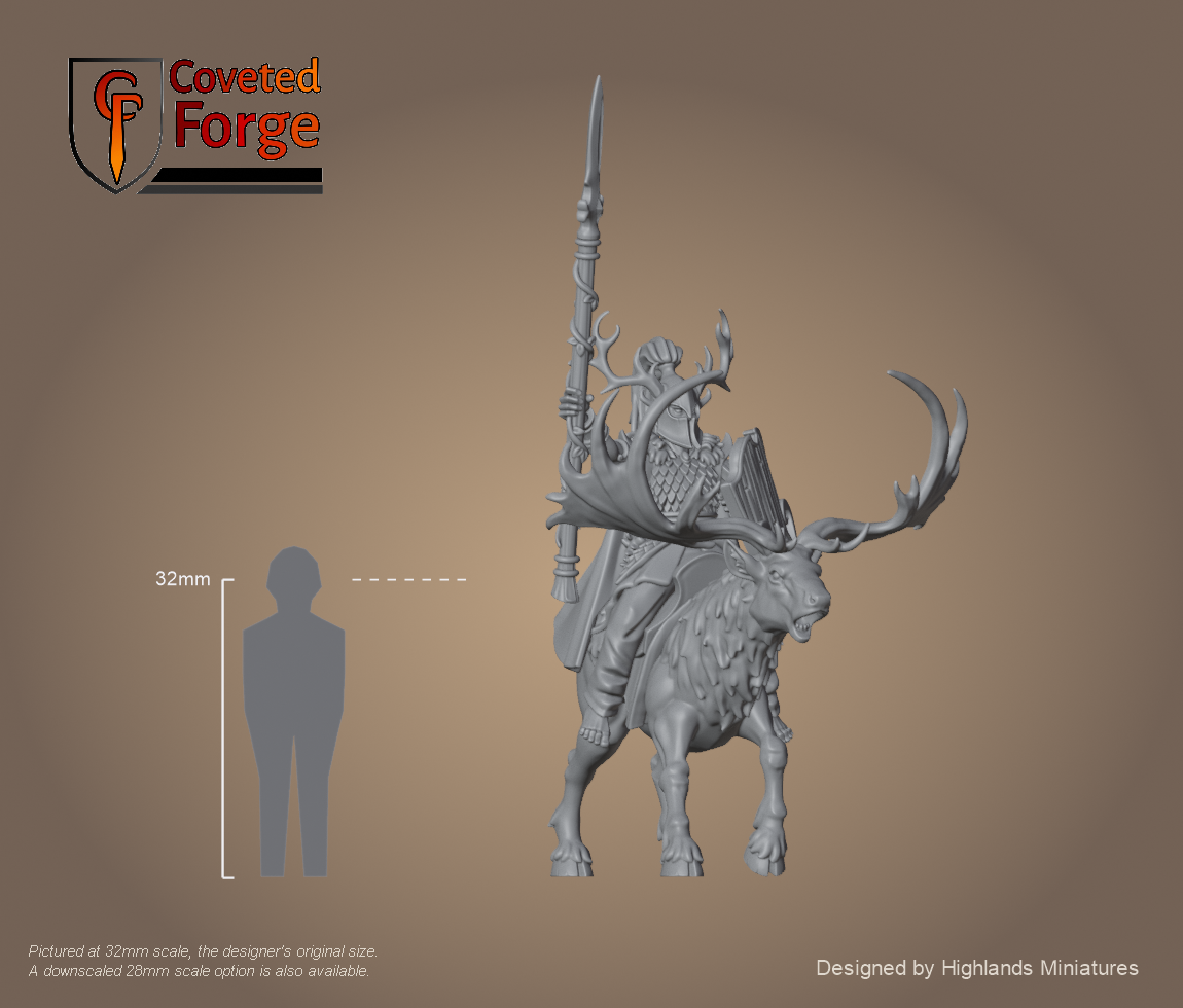 Feral Elf Lord on Great Stag, full mounted model at 32mm scale beside a 32mm human reference, resin miniature by Highlands Miniatures
