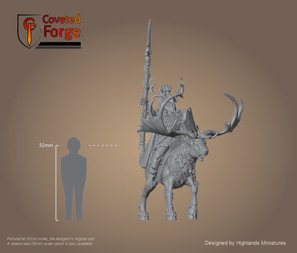 Feral Elf Lord on Great Stag, full mounted model at 32mm scale beside a 32mm human reference, resin miniature by Highlands Miniatures