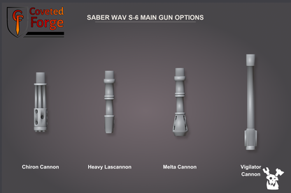 The four Saber WAV S-6 main gun options shown as upright barrels: Chiron Cannon, Heavy Lascannon, Melta Cannon and Vigilator Cannon