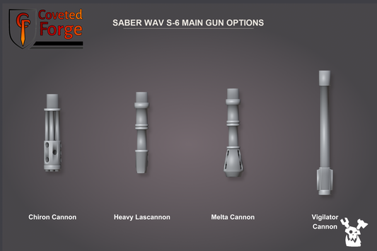 The four Saber WAV S-6 main gun options shown as upright barrels: Chiron Cannon, Heavy Lascannon, Melta Cannon and Vigilator Cannon
